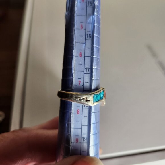 Vintage Navajo Sterling Silver Wave Ring With Turquoise & Coral Inlay Design Siz - Picture 4 of 5